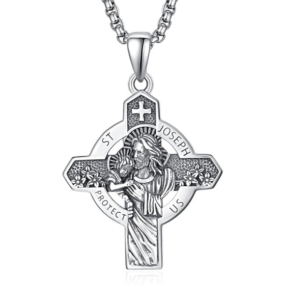 ADMETUS 925 Sterling Silver Patron Saint Necklace | Amulet Necklace Cross Jewelry for Men with 2.5mm 22"+2" Rolo Chain