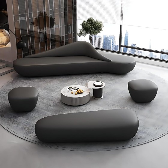 Modern Unique Sectional Sofa Set - with Wave Back Design | with coffee table and single chair | Solid Wood | High Resilience Cushion | Faux Leather Couches | for Living Room | Office