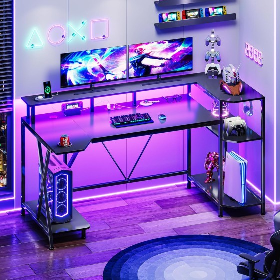 SEDETA Gaming Desk 55'' with LED Lights and Storage Shelves, Computer Desk with Monitor Stand, Power Outlets and Cup Holder, Large PC Gamer Desk, Gaming Table for Bedroom, Living Room
